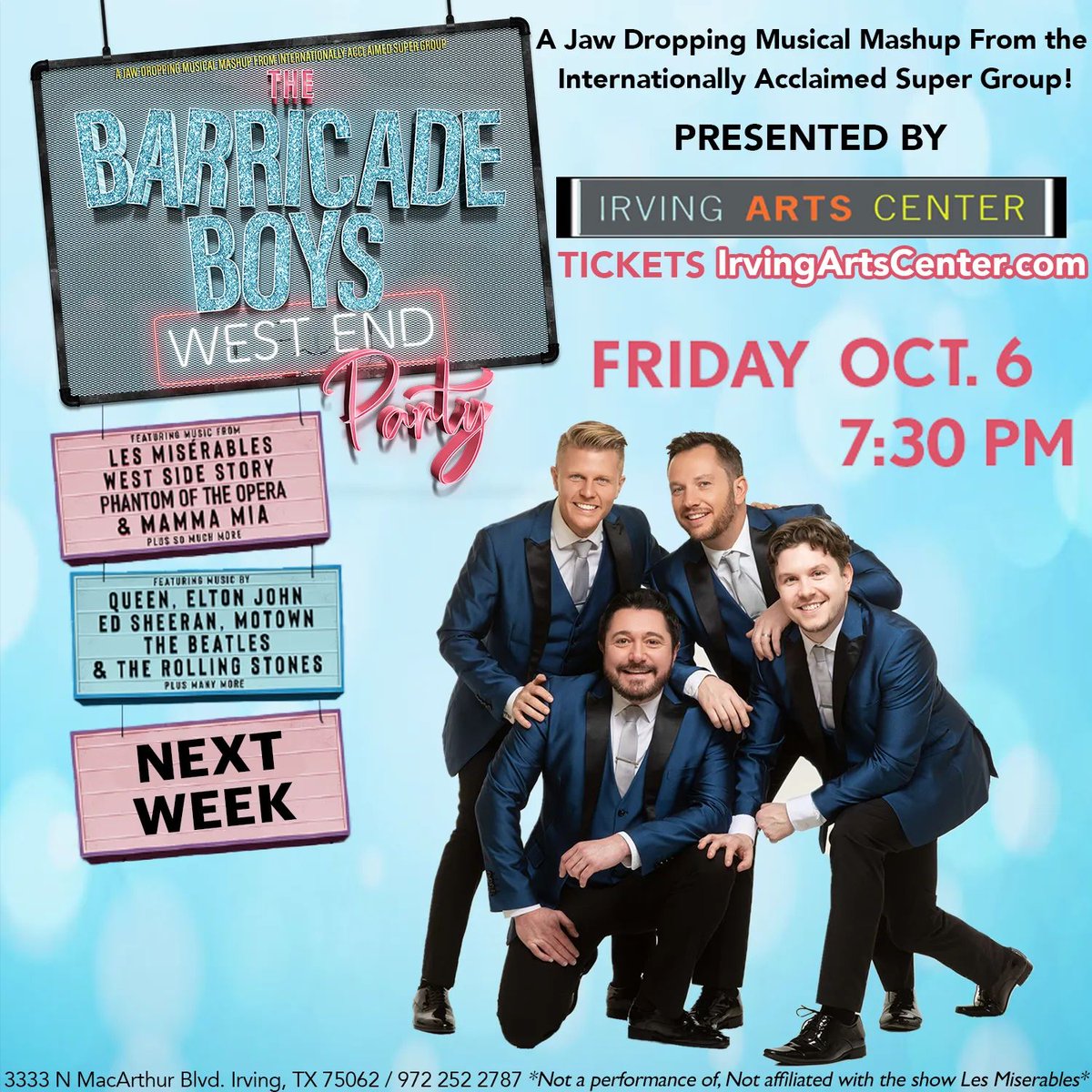 IrvingArts's tweet photo. Featuring some of your favorite musical theatre and classic songs! Don't miss out on toe-tapping fun with the @barricadeboys
Get Your Tickets! https://t.co/tny8INGl4X
#barricadeboys #musicalreview #westend #westendbroadway #irvingtx #irvingarts #irvingevents #musicaltheatre https://t.co/qavak11rVT