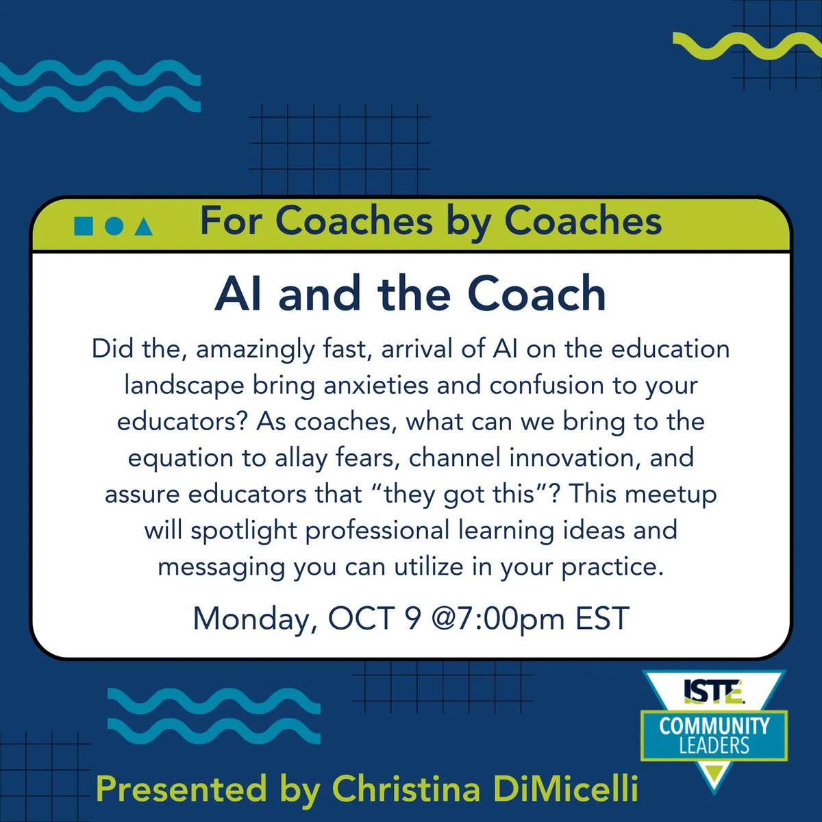 Join  <a href="/ISTEcommunity/">ISTE+ASCD Community Leaders</a> leaders for the instructional coaches meetup Monday, Oct 9 at 7pm EST to learn more about empowering educators using AI presented by  <a href="/MrsDi/">Christina DiMicelli</a>!! ✅ Register here: buff.ly/3RClPax