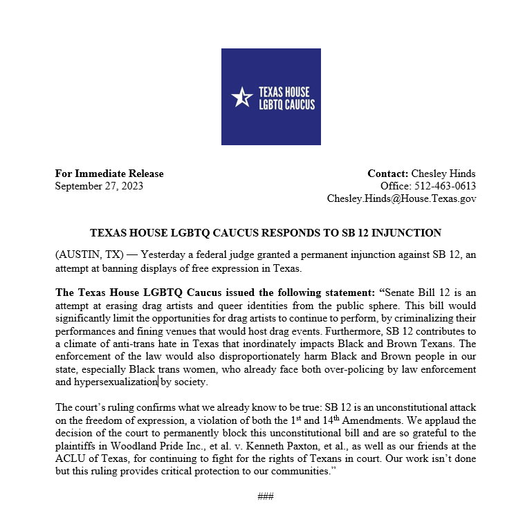 txlgbtqcaucus's tweet photo. Yesterday, #SB12, a dangerous attack on displays of free expression in #Texas, including #drag, was declared unconstitutional & permanently blocked. Our Statement:
#Txlege #TxHouseLGBTQCaucus #TxLGBTQCaucus #LongLiveTexasDrag #TexasDrag #DragBan #LGBTQIARights #TexasLGBTQ https://t.co/dlXyIHN4Z9