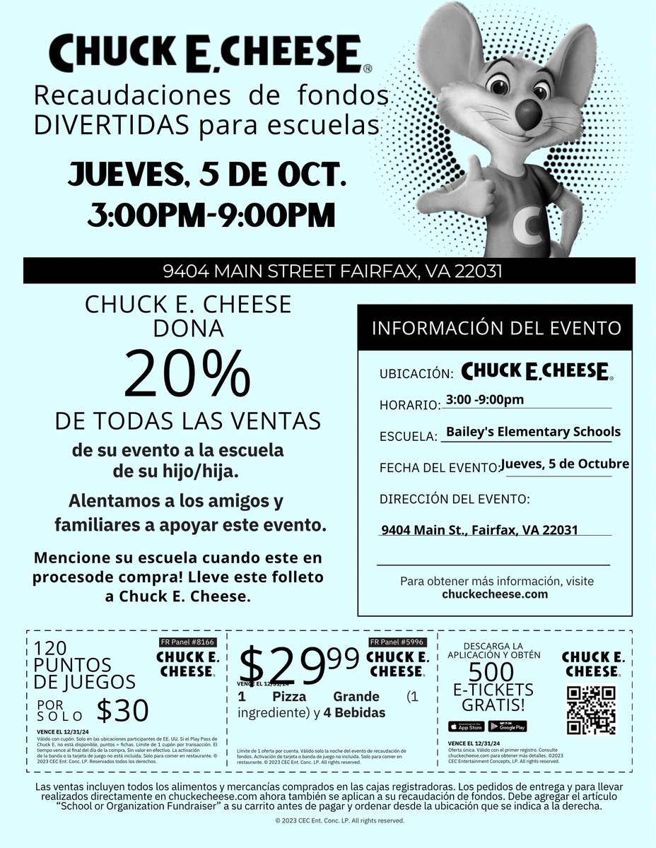 ¡Bailey's tomares control de Chuck E. Cheese el jueves, 5 de octubre de 3:00pm-9:00pm ¡Únase con nosotros e invite a sus amigos y familiares! Donarán el 20% de las ventas generadas por nuestra escuela. ¡Vea los cupones a continuación para obtener grandes ofertas! <a href="/BaileysES_FCPS/">Bailey's Elementary School for the Arts & Sciences</a>