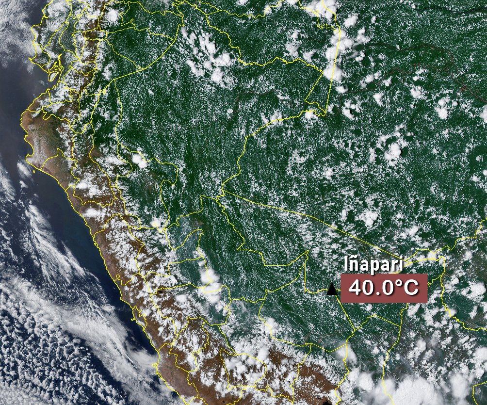 Asismet_IF's tweet photo. #AHORA Casi toda la selva peruana presentan nuevamente temperaturas extremadamente altas, la más alta a la 1 pm es de 40°C en #Iñapari (Madre de Dios).🔥
#ASISMET Continúa informando sobre esta ola de calor que podría batir récords.🔝
-Más info en esta tarde y el día de mañana. https://t.co/kz1Fzlmuk4