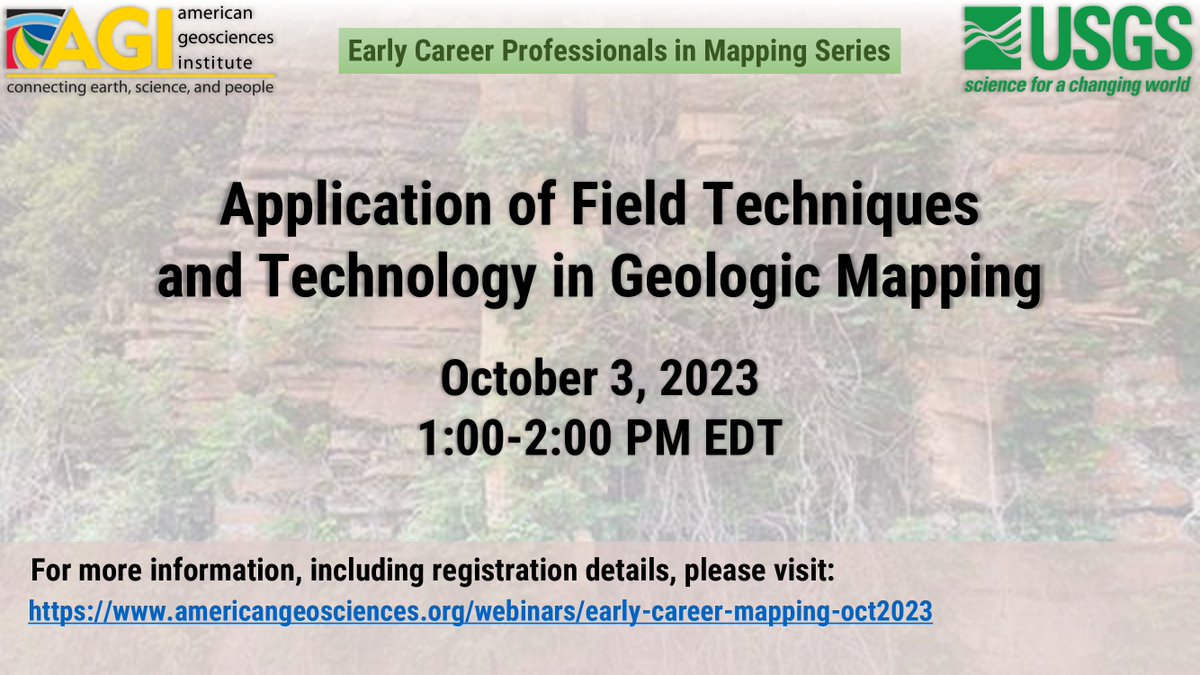 AGI_Updates's tweet photo. Join “Application of Field Techniques and Technology in Geologic Mapping,” the second #webinar in AGI and @USGS NCGMP’s Early Career Professionals in Mapping free webinar series, on Tuesday, October 3. Learn more and register: https://t.co/6LfVVFakNk https://t.co/w154bJ0CmS