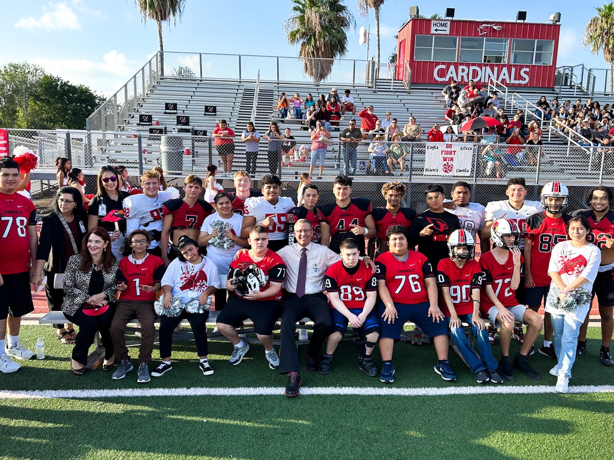 HarlingenCISD's tweet photo. This morning, Harlingen High School hosted one of its biggest games of the season, the Annual Life Skills Football Game! 🏈🏟

Our Superintendent, Dr. J.A. Gonzalez, pepped up our Life Skills students as they were getting ready to play football with the Harlingen Cardinals!❤️🖤 https://t.co/Hqzn13iLCf