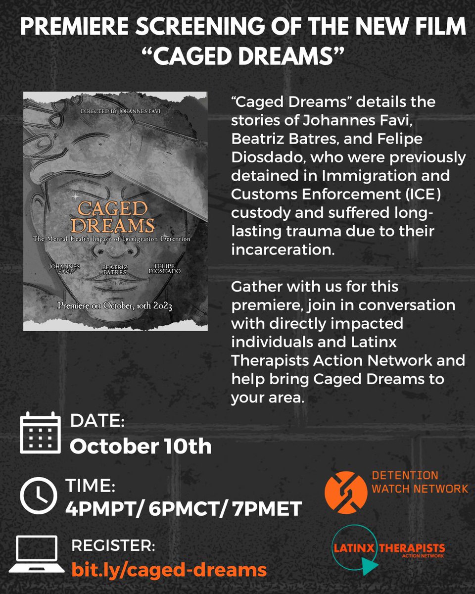 DetentionWatch's tweet photo. NEW film "Caged Dreams", directed by DWN’s Freedom Fellow, @johannesfavi unveils the harsh reality of immigration detention with personal testimonies told through interviews and animations. Join us on Oct 10th at 7pm ET for the premiere screening. 

💻https://t.co/ikfMLnz5OT https://t.co/rhbJxBJwG6