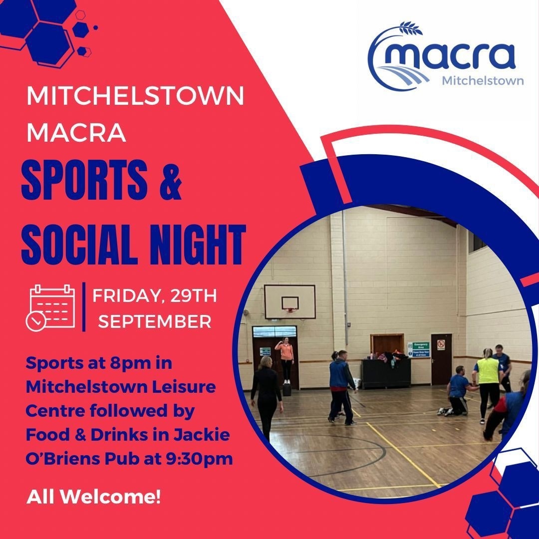 NEW MEMBERS NIGHT

This Friday night, 29th September. 👌

Firstly, Sports Night in the Mitchelstown Leisure Centre 8-9pm.

Afterwards, Jackie O' Brien's pub in Mitchelstown at 9:30pm for a bit of a social gathering. There will be hot food served. It should be a great night. 🙌