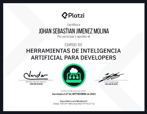 ¡Aprobé el Curso de Herramientas de Inteligencia Artificial para Developers en @Platzi! 
<a href="/musartedev/">👓 Mus ✨</a>  <a href="/codevars/">Enrique Devars</a> <a href="/anabelisam_/">Ana Belisa Martínez 💜</a>  <a href="/alarcon7a/">Carlos Alarcón</a>