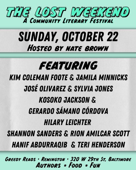 Somehow we raced to the end of September, and are only 3 weeks away from the Lost Weekend! Marvel at both days lineups here, and start planning YOUR lost weekend. We're grateful to these amazing authors, and to our emcees @thebryreed and @natebrownbrown for being a part of it.