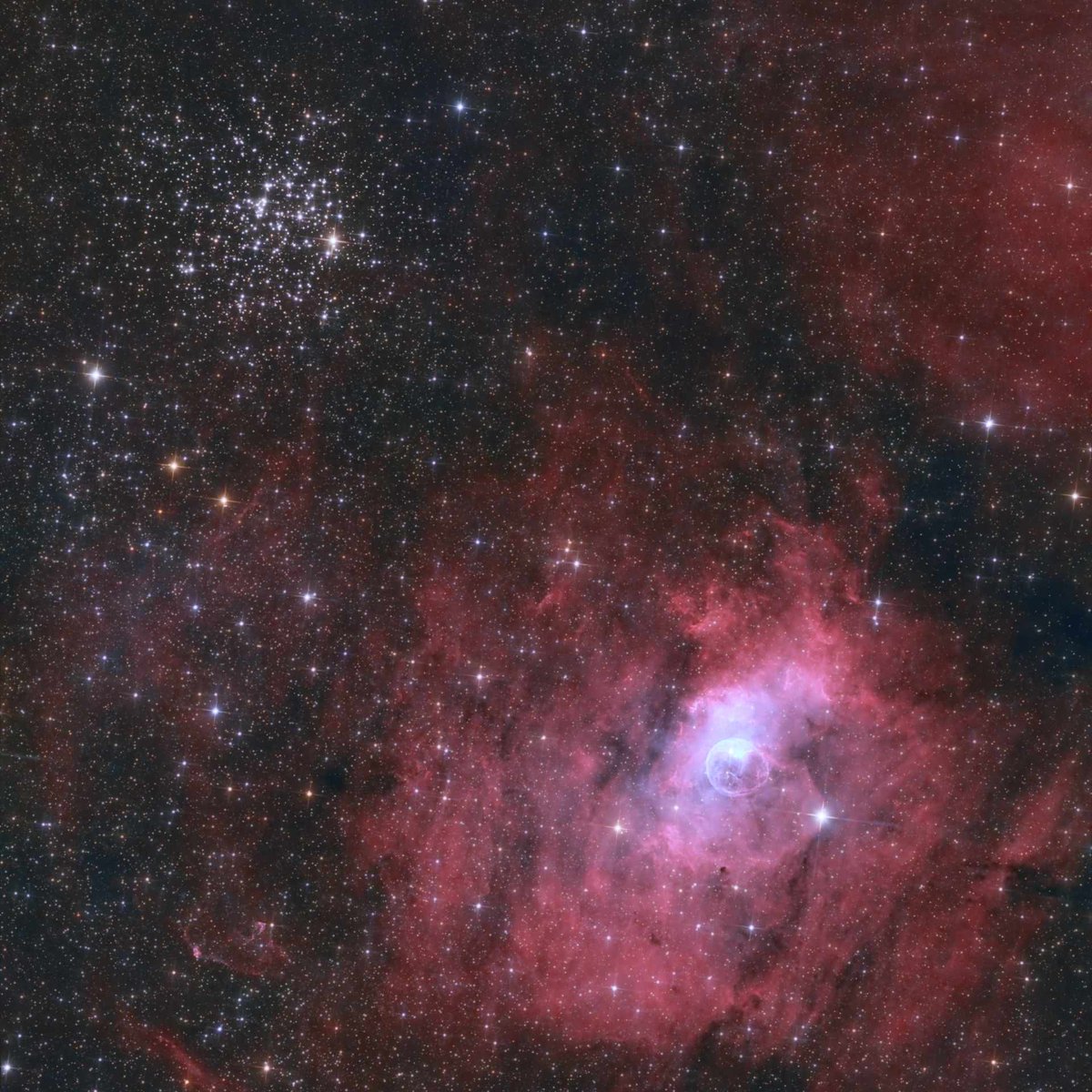 NetSmilingj's tweet photo. Messier 52 and Bubble Nebula

The rather small Bubble Nebula pairs well with an open cluster also known as Messier 52.

Blog: https://t.co/PcNWVn41Hw

#astrophotography #bubblenebula #m52 #ngc7635 #heq5pro #130pds #asi294mcpro https://t.co/0IetAyed23