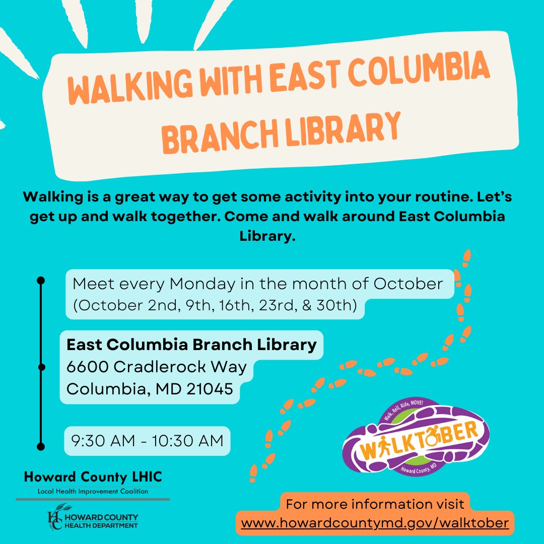 hclhic's tweet photo. Walking is a great way to get some activity into your routine. Let's get up and walk together. Come and walk around East Columbia Branch Library! Walks are every Monday at 9:30am! #walkMD #howiwalk @HoCo_Library https://t.co/8YIEwj5sPS