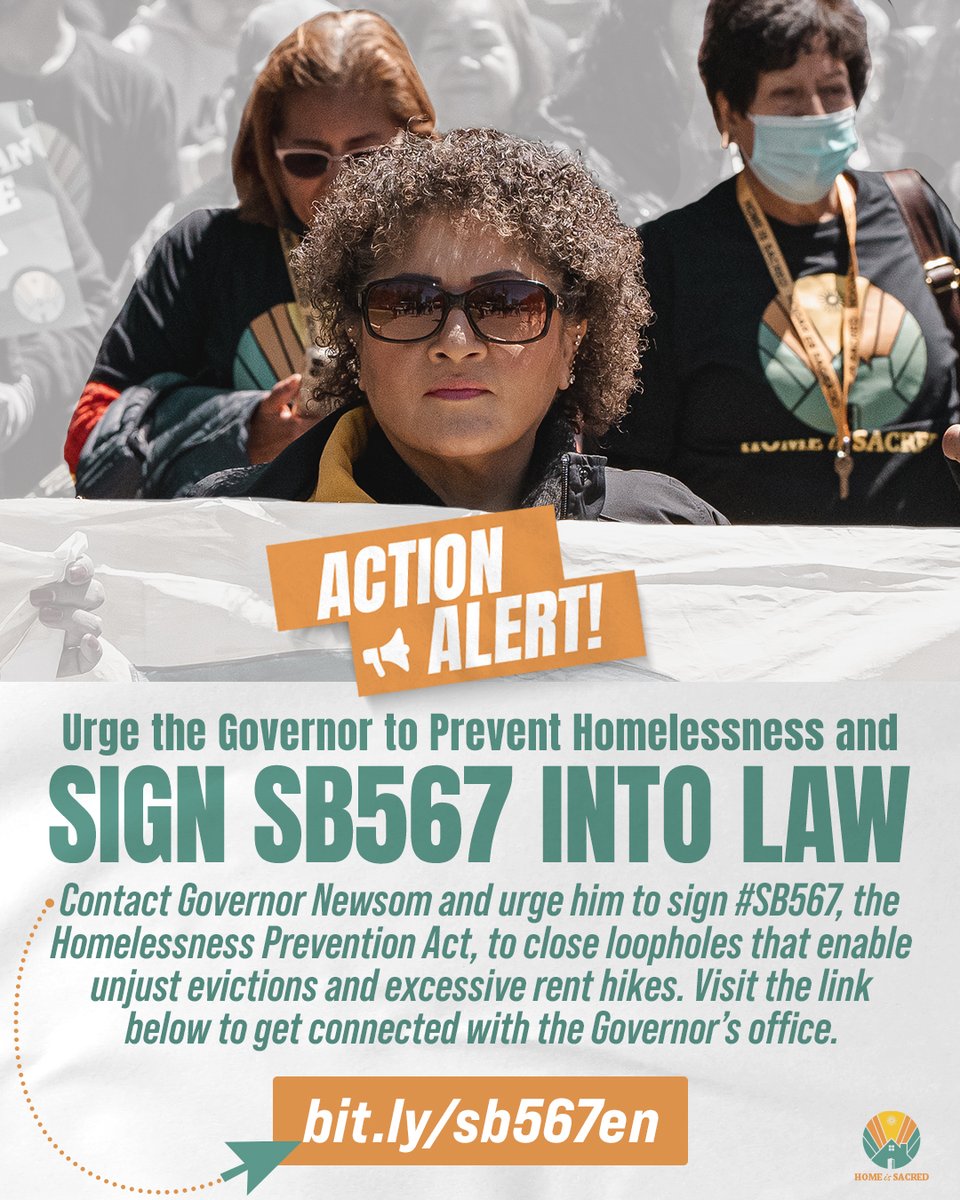 📢Let's bring it home! #SB567, the #HomelessnessPreventionAct is on @CAgovernor @GavinNewsom's desk & will help reduce the number of people on the brink of homelessness. Closing loopholes and enforcing tenant protections is a moral necessity! 👉ACT NOW: bit.ly/sb567en