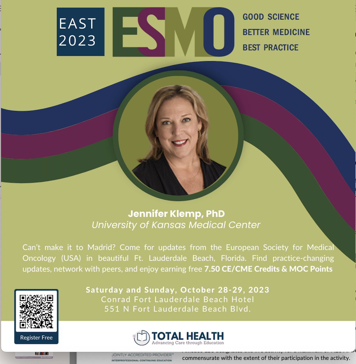 If you can't attend ESMO, but you want a comprehensive review?  Join us in Ft. Lauderdale.  Registration is free!  totalhealthoncology.com /esmoeast