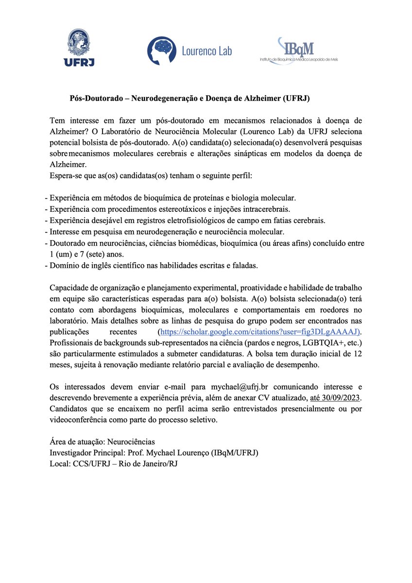 Estamos com uma possibilidade de bolsa para pesquisador de pós-doutorado em nosso grupo na UFRJ <a href="/IBqMUFRJ/">IBqM-UFRJ</a> <a href="/ufrj/">UFRJ</a>. Por favor, RT e divulguem para potenciais interessados!