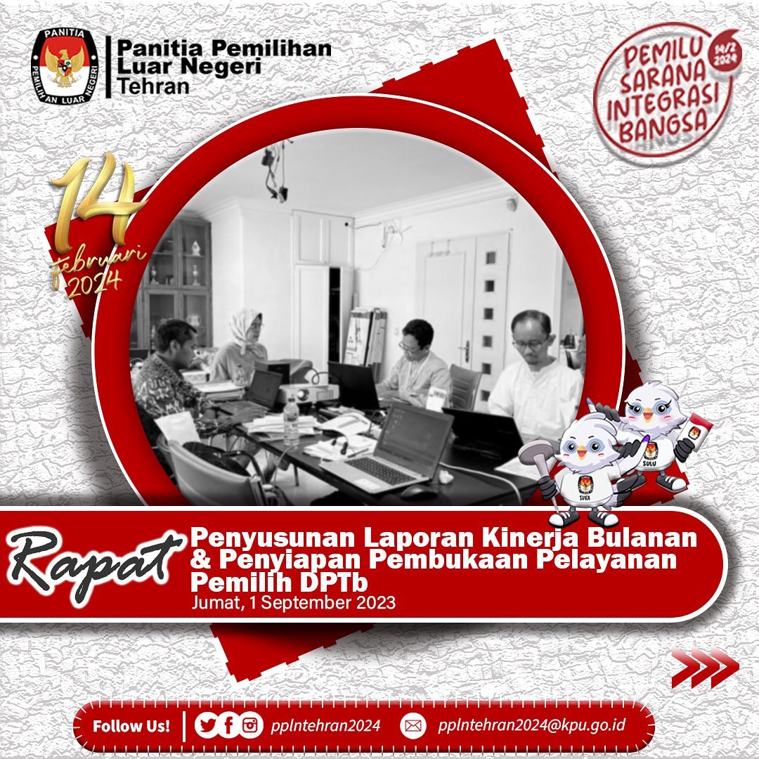 pplntehran2024's tweet image. Rapat PPLN Tehran dan Sekretariat PPLN Tehran
🗓️ Jumat, 01/09/2023
📎 Penyusunan Laporan Kinerja Bulanan PPLN dan Sekretariat PPLN Periode Agustus 2023, dan Penyiapan Pembukaan Pelayanan Pemilih DPTb dan hal-hal terkait lainnya.

#Pemilu2024
#PPLN
#Tehran 
#Iran 
#DPTLN
#TPSLN