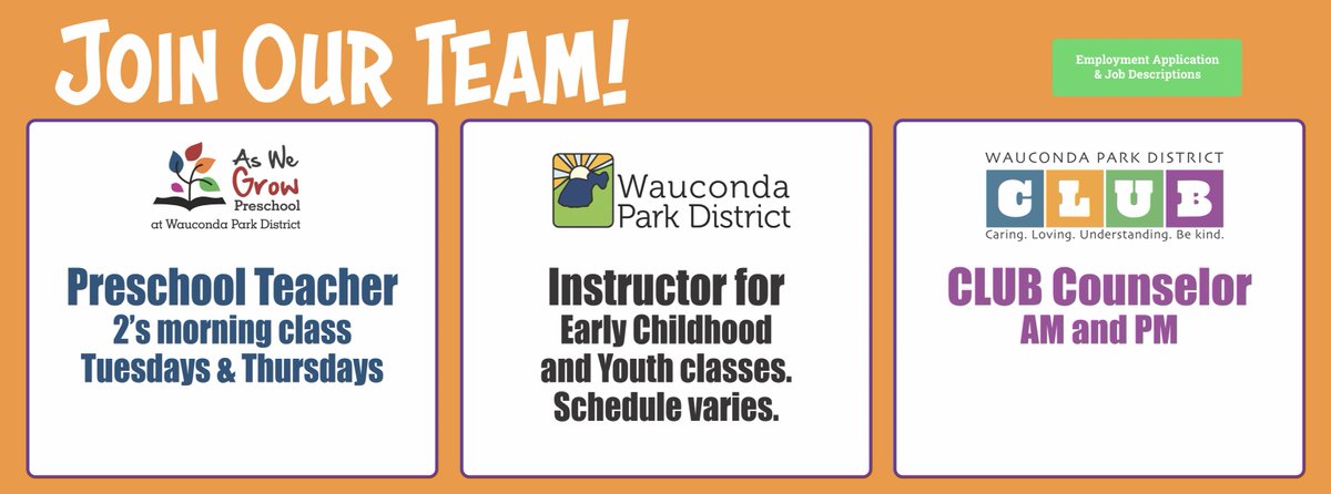 We are Hiring! Stop in at our Community Center office or visit our website Employment Opportunities page for our application and job descriptions . . . waucondaparks.com/join-us/employ…
