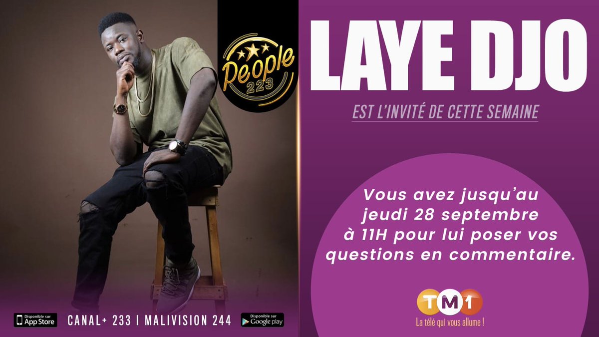#Laye_Djo vous donne rendez-vous demain jeudi 28 septembre dans votre émission <a href="/People2231/">People223.com</a> sur <a href="/TM1TV223/">TM1 TV</a> pour un moment de partage à cœur ouvert avec vous.
Alors, faites-nous parvenir vos questions en commentaires !!!
#People223 #TM1