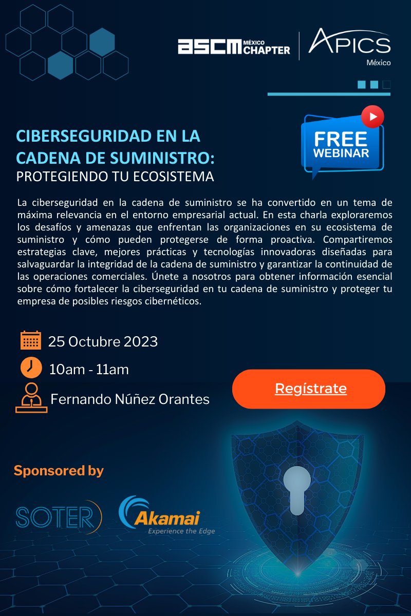 #ASCMmexico te invita a nuestro #webinar totalmente gratuito en donde exploraremos los desafíos y amenazas que enfrentan las #organizaciones en su #ecosistema de #suministro y cómo pueden protegerse de forma proactiva.
➡️us06web.zoom.us/webinar/regist…
#cadenadesuministro #ciberseguridad