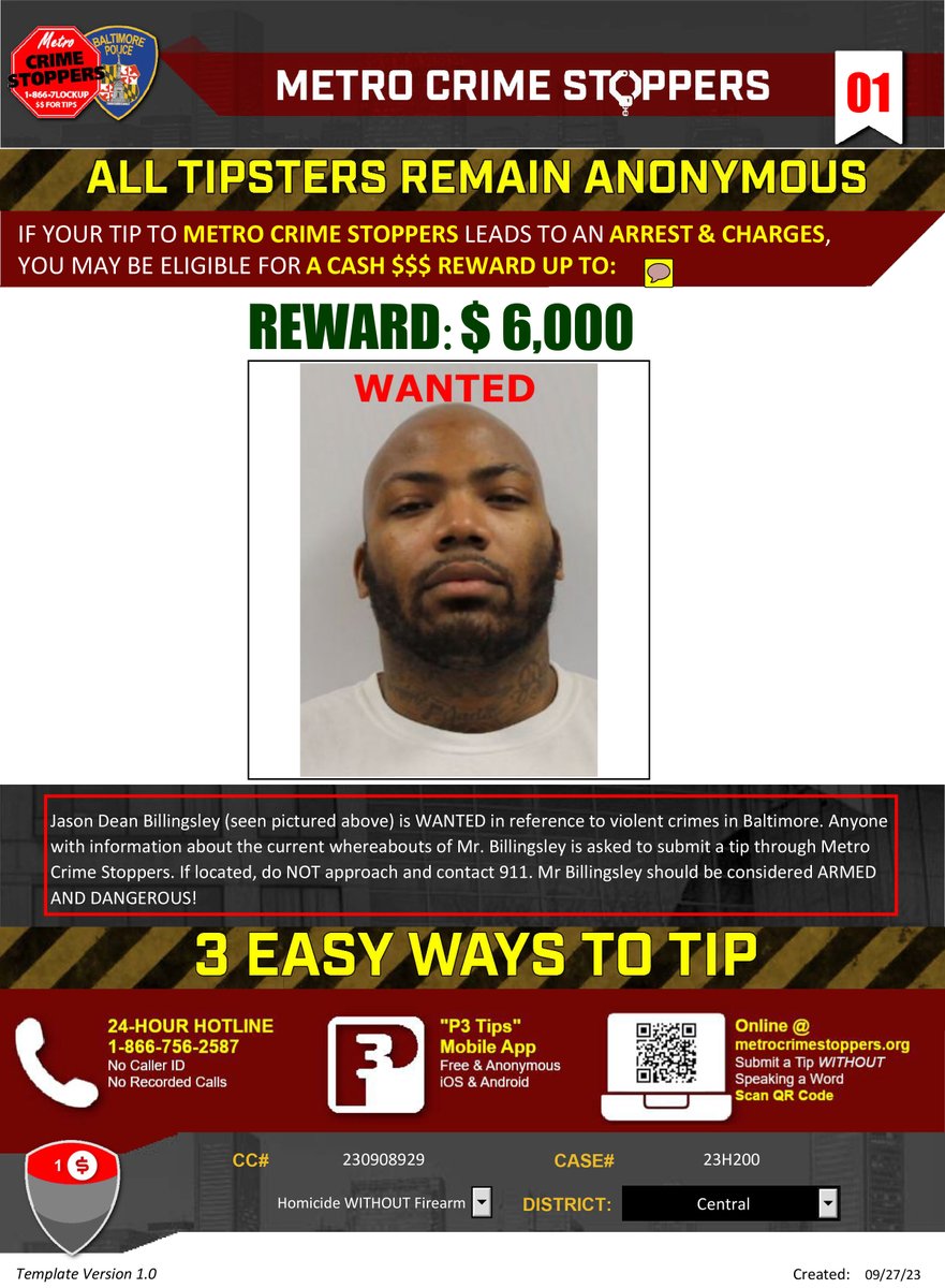 BPD announces reward, case links to suspect Jason Billingsley: #BPD's WATF &amp; US Marshals continue to search for the 1st degree murder suspect.
BPD confirms he is wanted in connection to a 9/19/23 attempted murder, arson &amp; rape, in the 800 blk of Edmondson
baltimorepolice.org/news