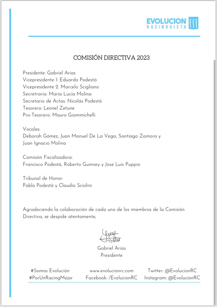 Estimada Comunidad Racinguista:

Compartimos con ustedes la Renovación de Autoridades aprobada por unanimidad en reunión de CD de Evolución Racinguista. 

#SomosEvolución #PorUnRacingMejor