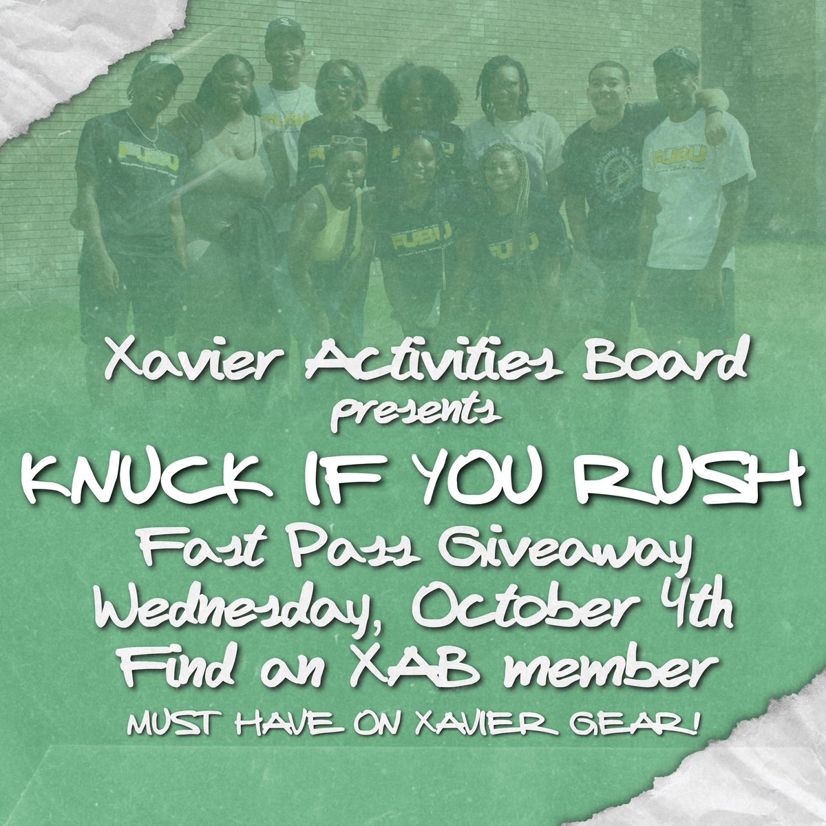 KNUCK IF YOU RUSH🤣
Catch us an XAB member on campus on Wednesday, October 4th to receive a FastPass, which lets you skip the line at KIYR! Must have on Xavier gear, no lanyards, mask, or hats count!!! Passes are limited😏