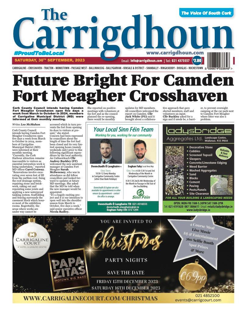 The latest issue of The Carrigdhoun hit shelves today. 

In another bumper issue we have
- Pictures from Crosshaven AFC's 125th Anniversary 
- Local news about Camden Fort Meaghar, Swimming Shelters, Aldi.
- Pictures from Culture Night
-Shamrock GAA Notes
-Everything you need to