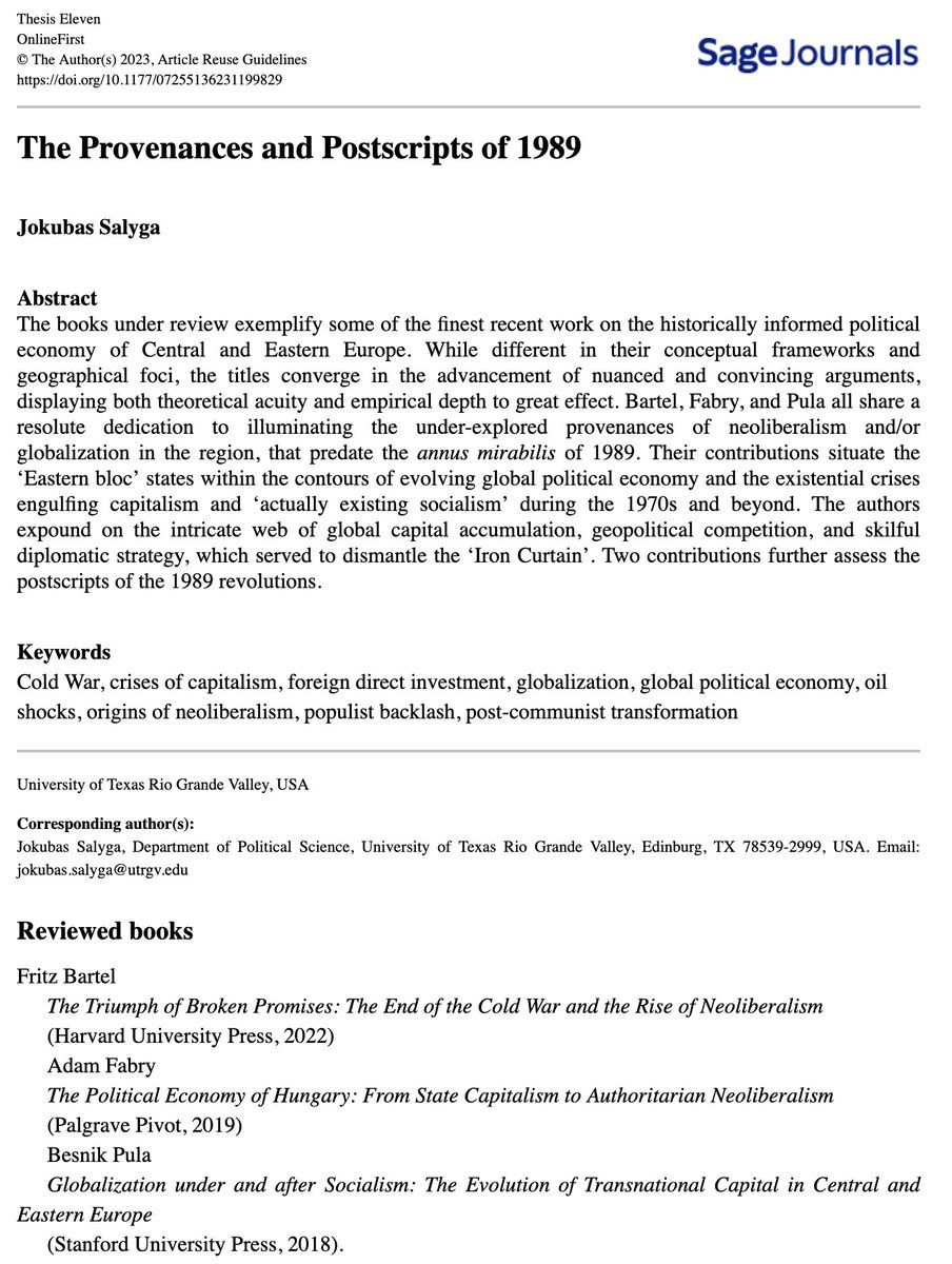 Very pleased to see my book, GUAS, reviewed in this discussion by Jokubas Salyga in Thesis Eleven, and the broader treatment of the 'postscripts' of 1989 journals.sagepub.com/doi/full/10.11…