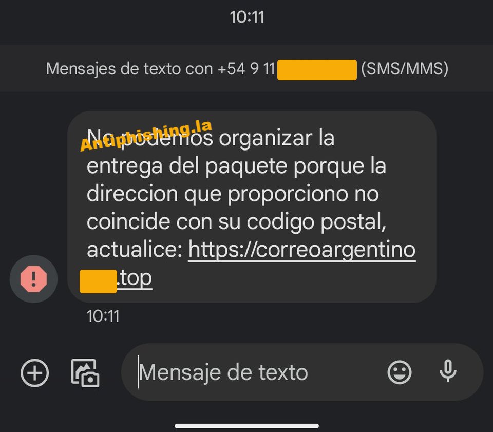 CUIDADO: nuevo #SMiShing (#phishing por SMS) de <a href="/CorreoOficialSA/">Correo Argentino</a>, con una excusa sobre un paquete que no pudo ser entregado, roba datos personales y de la tarjeta.