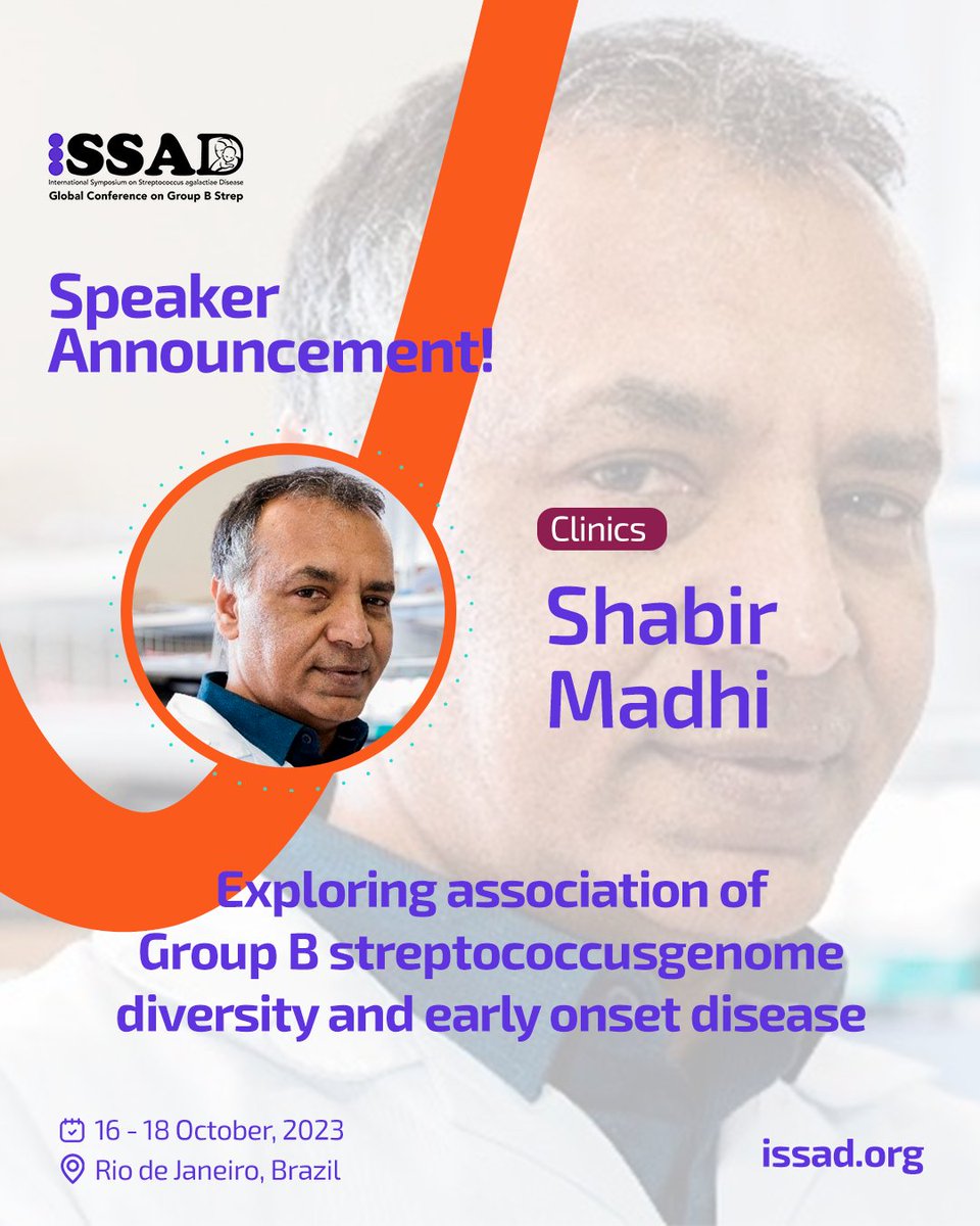 Introducing our distinguished speaker at #ISSAD2023! 🌟

🎤 Shabir Madhi
📜 Talk Title: "Exploring association of Group B streptococcus genome diversity and early onset disease"

📢 3rd International Symposium on ‘Streptococcus agalactiae’ Disease
📅 October 16 - 18, 2023