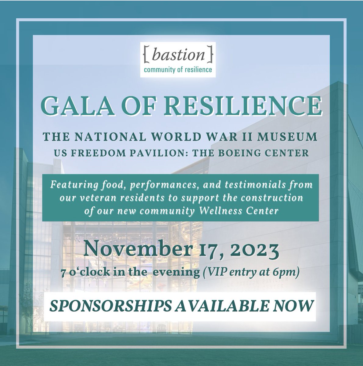 Support the Bastion community, NOLA veterans, and their families by joining us for our inaugural Gala of Resilience! Tickets + Sponsorships: joinbastion.org/gala-of-resili…