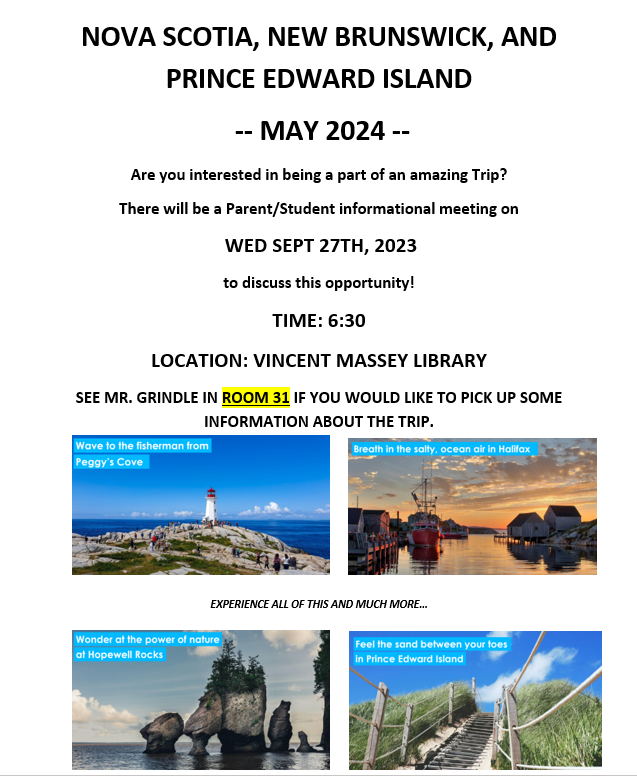 See you tonight at Vincent Massey High School to discuss details regarding the East Coast school trip in May 2024!!! 6:30pm in the VM Library ✈️🍁