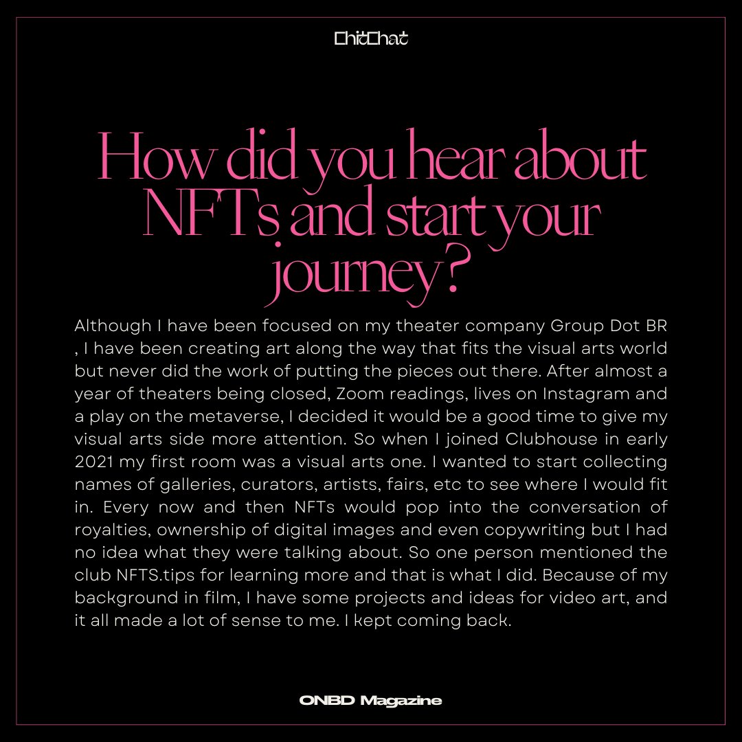 onbd_art's tweet photo. ☕️It's ChitChat time!
This week, we're pleased to introduce multidisciplinary artist @a_tchuca , who is also the co-founder of @GroupDotBR
From immersive plays to captivating NFT collections, explore her inspiring journey through art and activism ❤️🔥
👉💫Check out the interview on ONBD Magazine: https://t.co/uxx5IXrUaT