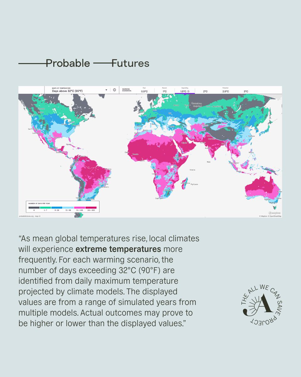 Visualization is powerful. Probable Futures is a free platform that offers interactive maps, science, historical context, and stories to help us all envision a range of climate futures — and continue working towards all we can save. Link to explore: probablefutures.org