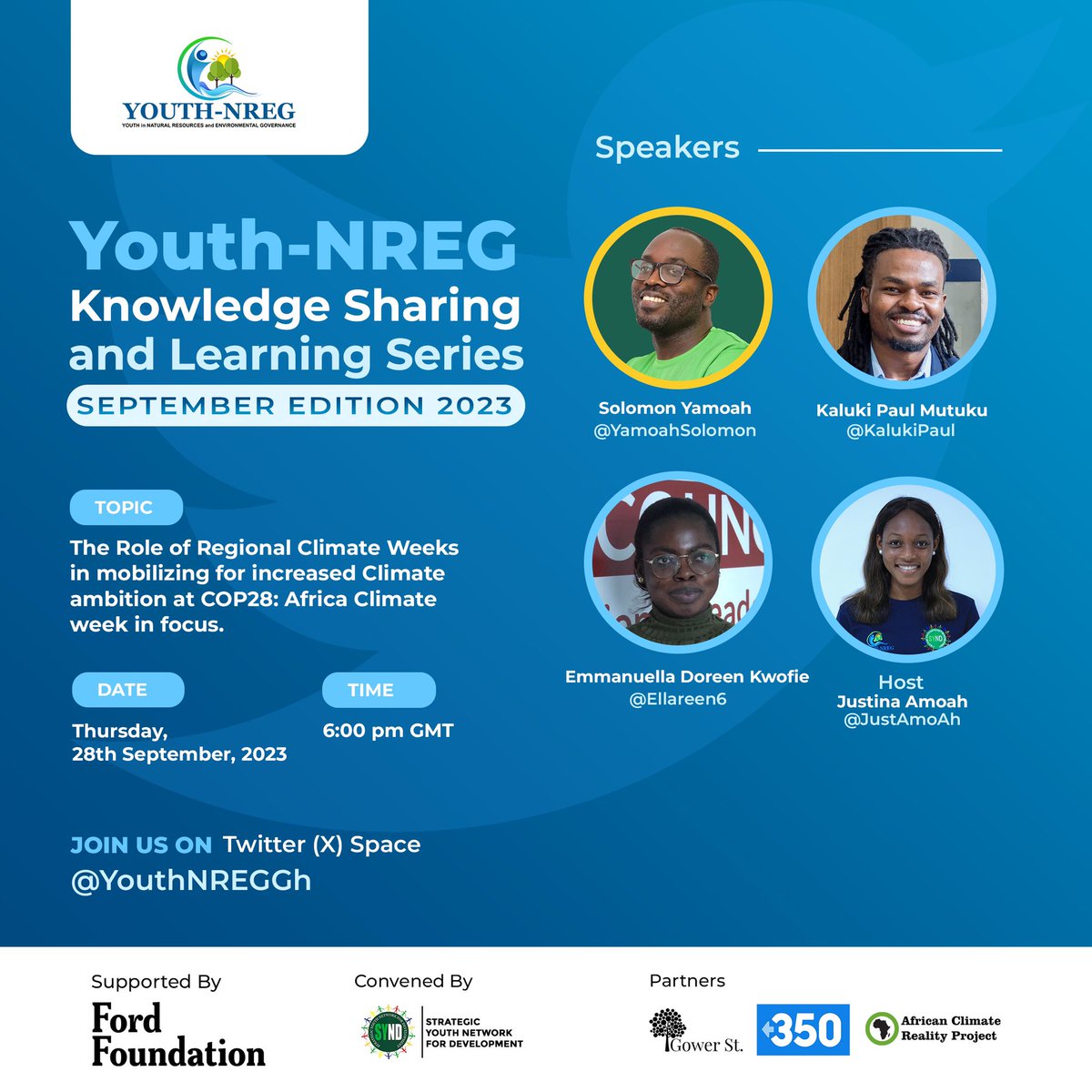 I will be moderating <a href="/YouthNREGGh/">Youth in Natural Resources and Envi'tal Governance</a> #TwitterXSpace tomorrow. On the space, I will be joined by <a href="/YamoahSolomon/">Solomon Yamoah</a>, <a href="/SYNDGhana/">Strategic Youth Network For Development(SYND)</a>, <a href="/KalukiPaul/">KalukiPaul | NbS Consultant🌱| Impact Storytelling</a>, @kean_network &amp; <a href="/Ellareen6/">Ellareen Esq🌍🇬🇭</a>, Grandhedge Int. who will share insights on the role of RCWs in shaping Africa’s voice #COP28

x.com/i/spaces/1vOxw…