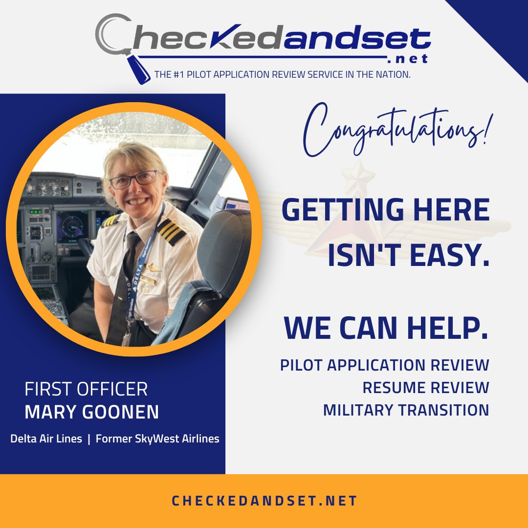 CheckedAndSet's tweet image. Congratulations, Mary!

Getting to @Delta isn’t easy.
We can help.

Schedule your consultation today.

#aviationjobs #pilotjob #aviationcareer #pilot #military #armedforces
#checkedandset #deltaairlines