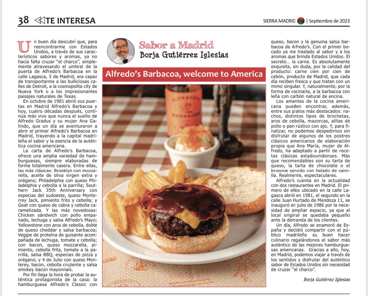 ✍️ Mi artículo de #gastronomía en #PeriódicoSierra. 
<a href="/ComunidadMadrid/">Comunidad de Madrid</a> 

“ALFREDO’S BARBACOA, WELCOME TO AMÉRICA”

#RadioMadridSierra
<a href="/Ayto_de_Madrid/">Ayuntamiento Madrid</a>
<a href="/alfredosbbq/">Alfredo's Barbacoa</a> 
#TeInteresa