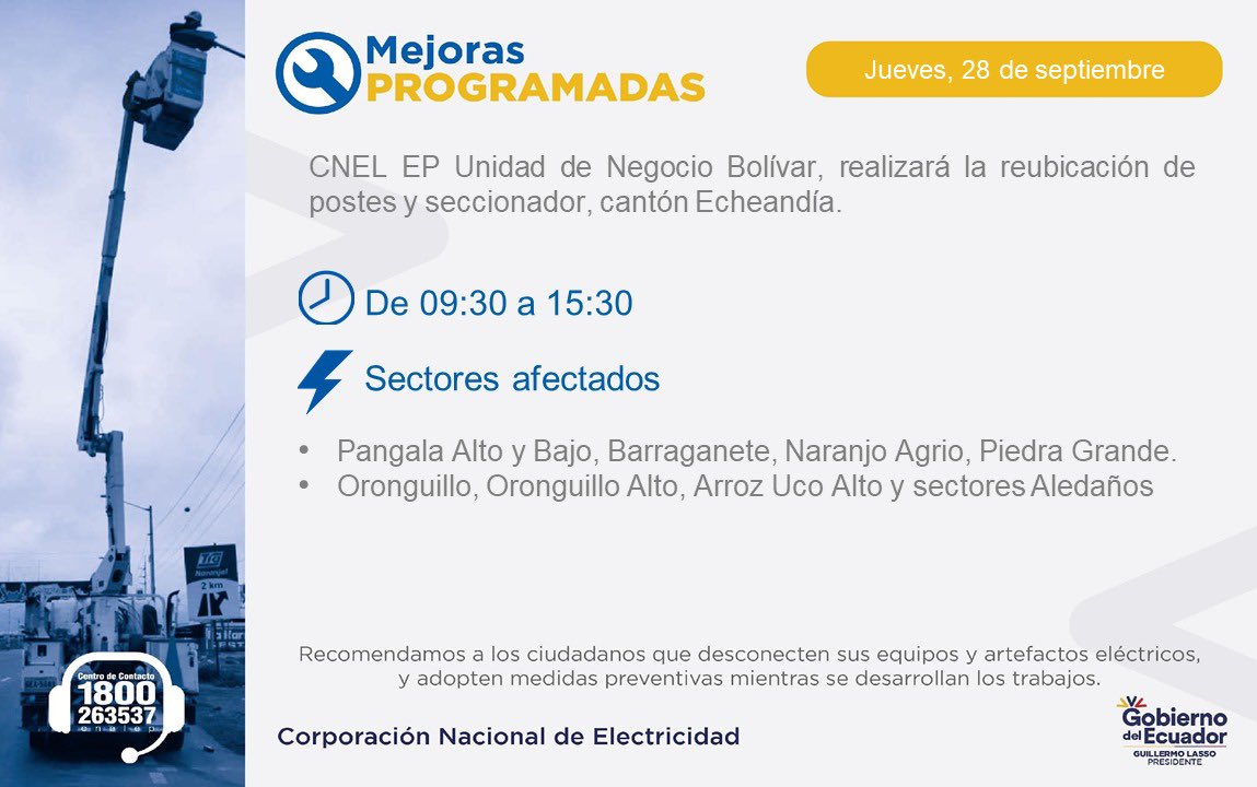 CNEL_EP's tweet image. #TrabajosProgramados 🔧| 

👷🏼‍♂️Mañana, jueves 28 de septiembre, se realizará trabajo programado en los cantones de Guaranda, Echeandía y San Miguel, provincia de 📍#Bolívar.

⚡Se sugiere tomar precauciones.

#MejorasProgramadas