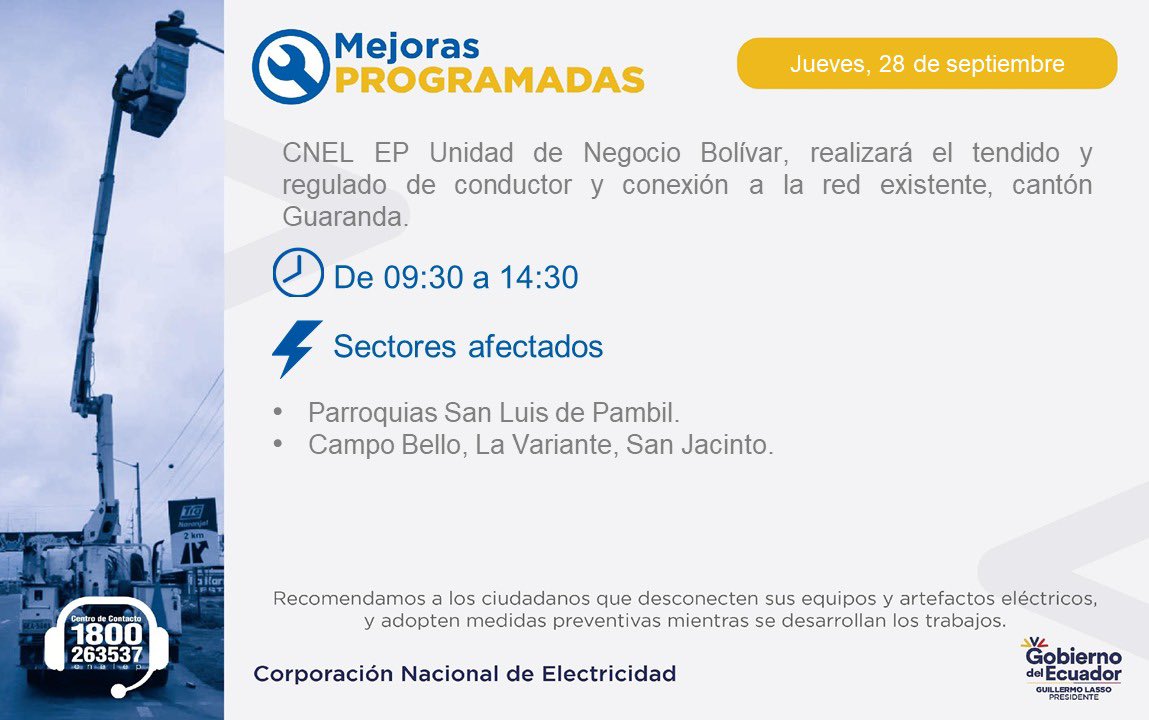 CNEL_EP's tweet image. #TrabajosProgramados 🔧| 

👷🏼‍♂️Mañana, jueves 28 de septiembre, se realizará trabajo programado en los cantones de Guaranda, Echeandía y San Miguel, provincia de 📍#Bolívar.

⚡Se sugiere tomar precauciones.

#MejorasProgramadas