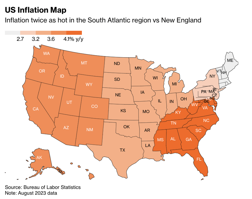 unusual_whales's tweet photo. In the South Atlantic area, which includes Florida, the annual inflation rate rose to 4.5% — the highest in the country and about twice as fast as New England, per Bloomberg. https://t.co/Mt8SIcjCOp