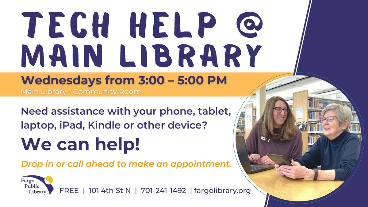 fargolibrary's tweet image. Need help w/ your devices? Our weekly session of Tech Help @ the dntn Main @fargolibrary is TODAY – Wednesday(9/27) 3-5PM. Free! Drop-ins are welcome. Call 701-241-1492 for a 30-minute session. Please bring your device w/ you. fargolibrary.org #FargoPublicLibrary
