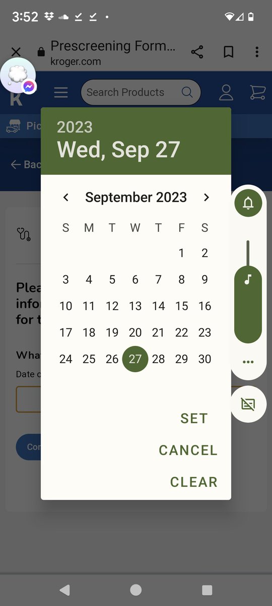 Veggievangelist's tweet photo. Hey @kroger can you fix this feature of your pharmacy scheduling so that I don't have to tap my phone 666 times (today is my half birthday 🎉) to get to the correct date? I'll just call instead. #fixyourcode https://t.co/2LKIXpOQWv