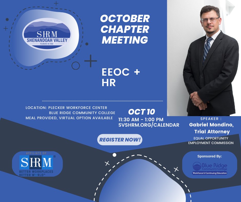 svshrm's tweet photo. Don't miss out on our upcoming chapter meeting! An EEOC trial attorney will lead the discussion using questions submitted by SVSHRM Chapter Members.

This is a fantastic opportunity to learn from an expert in the field. Plus, if you attend in person, a meal will be provided. https://t.co/DoLFFoPaGT