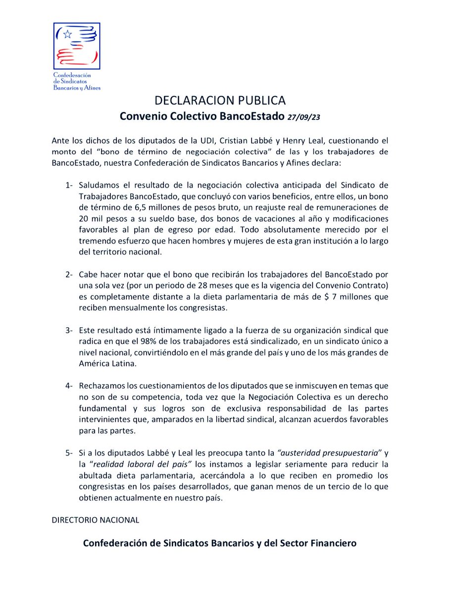 Confederación Bancaria y Afines saluda resultado de Negociación Anticipada de <a href="/sindicatobech/">Sindicato BECH</a> con <a href="/BancoEstado/">BancoEstado</a> y llama a diputados   <a href="/Clabbem/">Cristián Labbé M.</a> y <a href="/HenrylealbIX/">Diputado Henry Leal 🇨🇱</a> a legislar seriamente para REDUCIR DIETA PARLAMENTARIA si efectivamente están preocupados por la austeridad fiscal.
