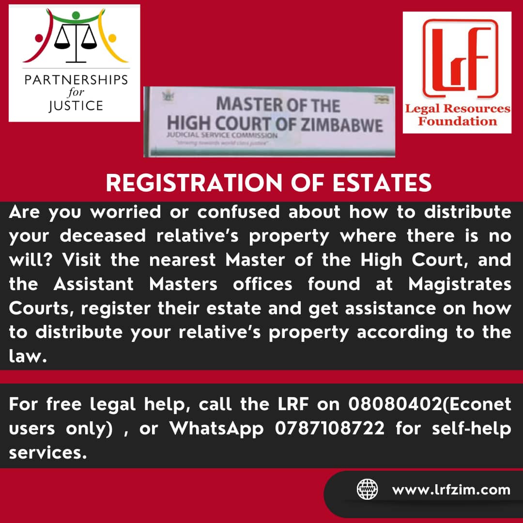 LRFZimbabwe's tweet photo. Do you need assistance in handling the registration of an estate for a deceased loved one? Find out more information in the flyer below...#PartnershipsForJustice @lawsocietyofzim @misazimbabwe https://t.co/EWF8g0DT6b