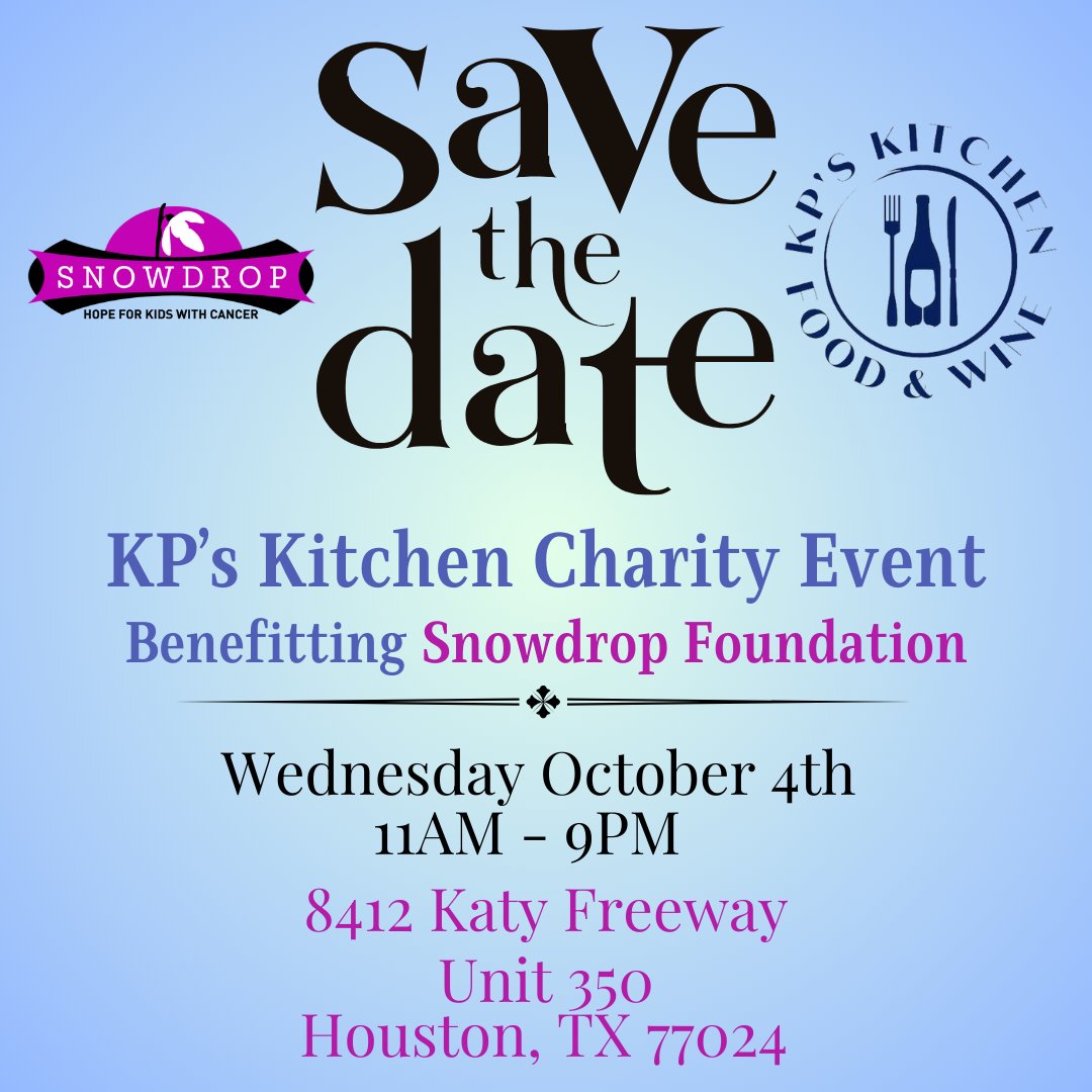 SnowdropCC's tweet photo. KP’s Kitchen has selected Snowdrop Foundation as their charity for October. 💙

October 4th KP’s KITCHEN will donate 10% of ALL proceeds that day including the purchase of gift cards, take out, and Door Dash orders to the Snowdrop Foundation! 🎗 #FoodForCause https://t.co/W3BZGytRQF