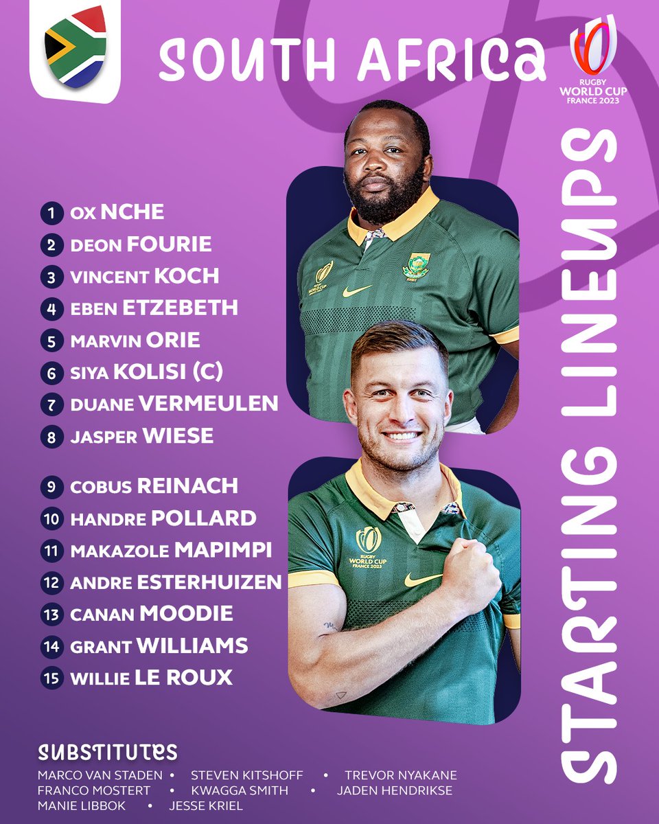Excited to call another <a href="/Springboks/">Springboks</a> 🇿🇦 pool match at <a href="/rugbyworldcup/">Rugby World Cup</a> this weekend in Marseille! Here is the South African team to face <a href="/officialTongaRU/">Tonga Rugby Union</a> 🇹🇴
#RWC2023