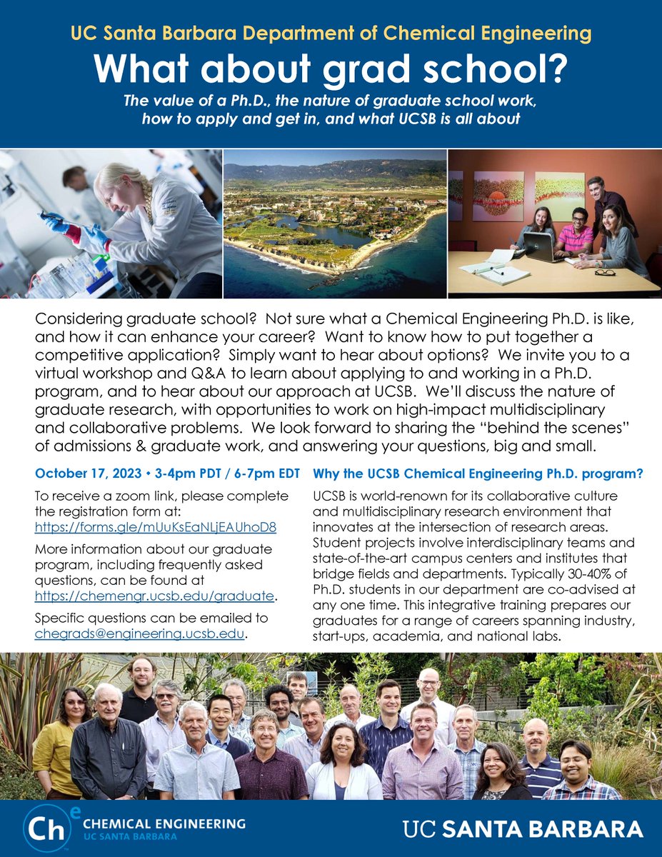 Considering grad school? Learn about the value of a PhD in chemical engineering from @ucsantabarbara , consistently ranked among the top-10 grad programs, during an online info session on October 17. Register at this link and receive the Zoom link. docs.google.com/forms/d/e/1FAI…