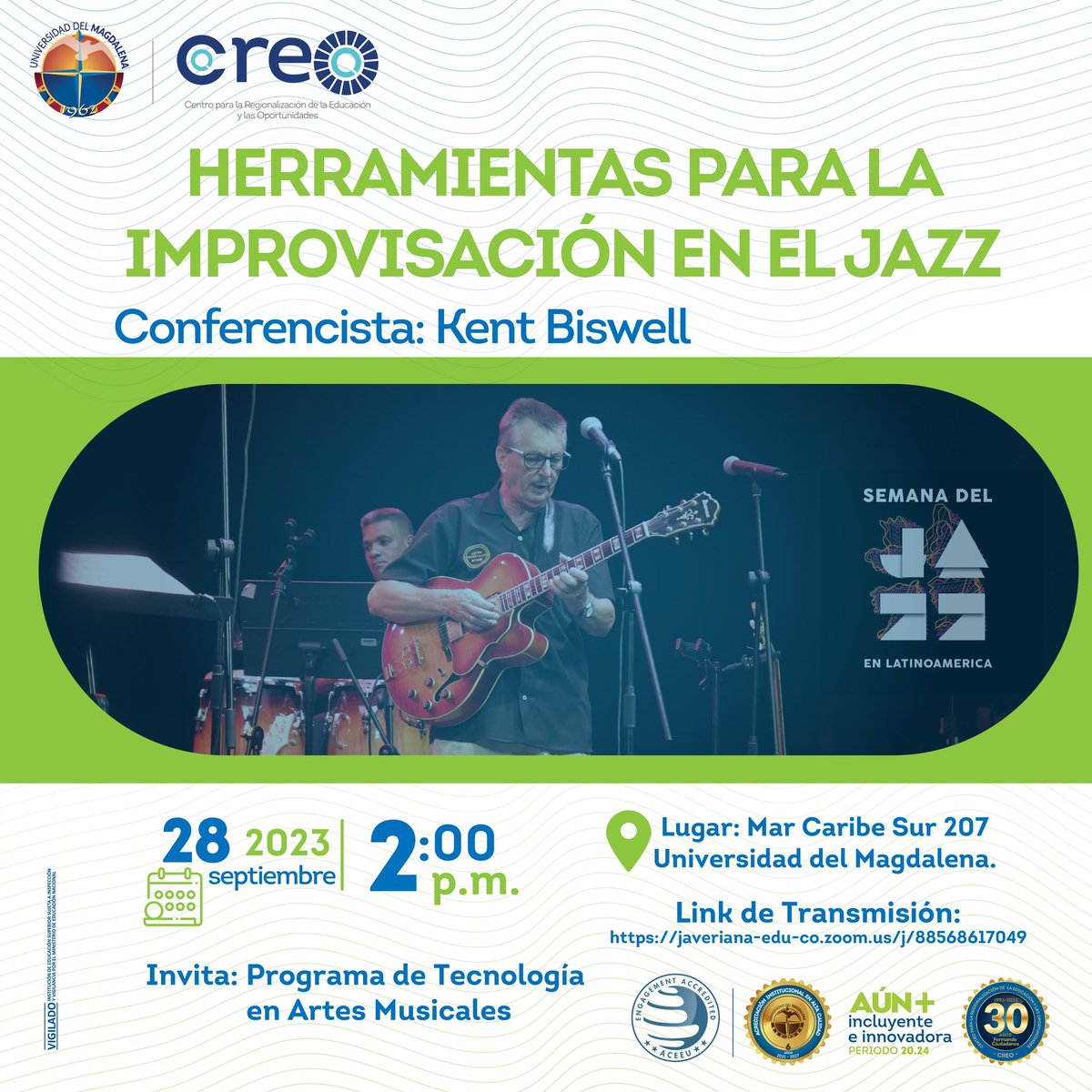 Universidad del Magdalena (@unimagdalena) on Twitter photo 🎷 Nuestro Programa de Tecnología en Artes Musicales - adscrito al <a href="/CreoUnimag/">Creo Unimagdalena</a> - invitan a la conferencia “Herramientas para la improvisación en el jazz”, a cargo del maestro Kent Biswell.
#PrográmateUM 🎷 Nuestro Programa de Tecnología en Artes Musicales - adscrito al <a href="/CreoUnimag/">Creo Unimagdalena</a> - invitan a la conferencia “Herramientas para la improvisación en el jazz”, a cargo del maestro Kent Biswell.
#PrográmateUM