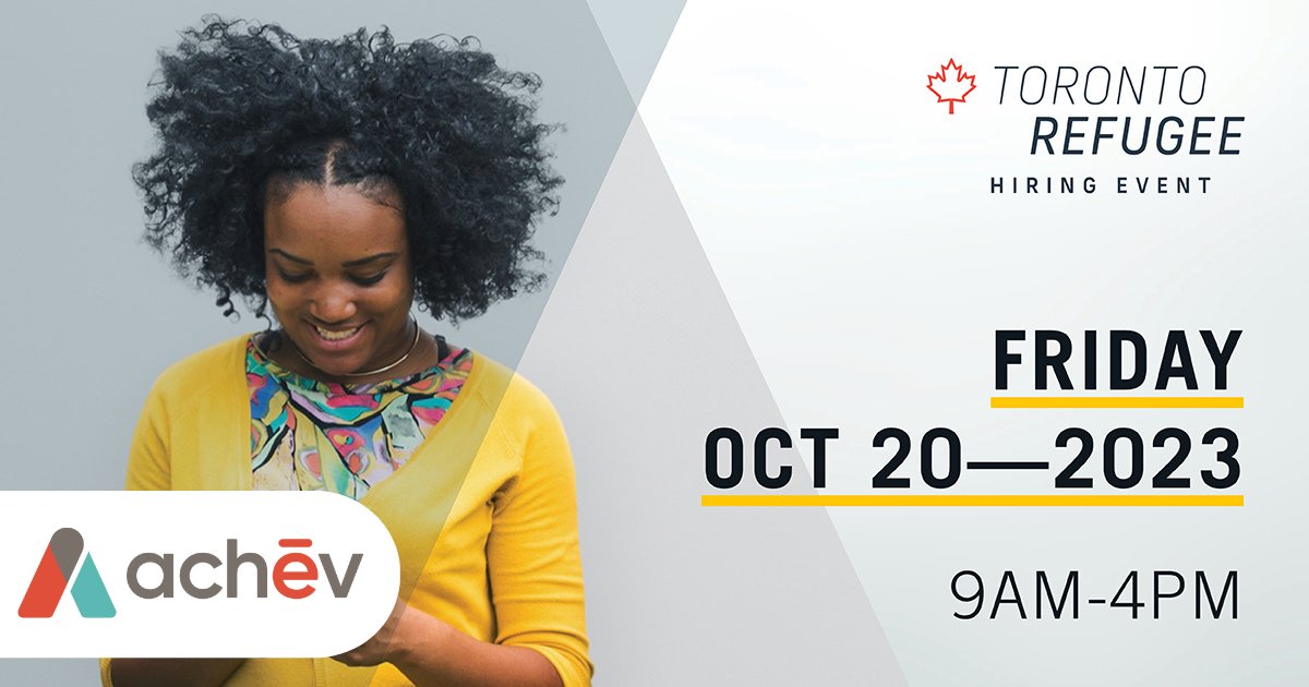 Achēv would like to invite you to the Toronto #Refugee Hiring Event on Oct. 20 where you can access job interviews and professional coaching! Refugees can take the next step in their professional careers. Register: bit.ly/46gpJcZ

#WelcomingEconomy #TorontoJobs