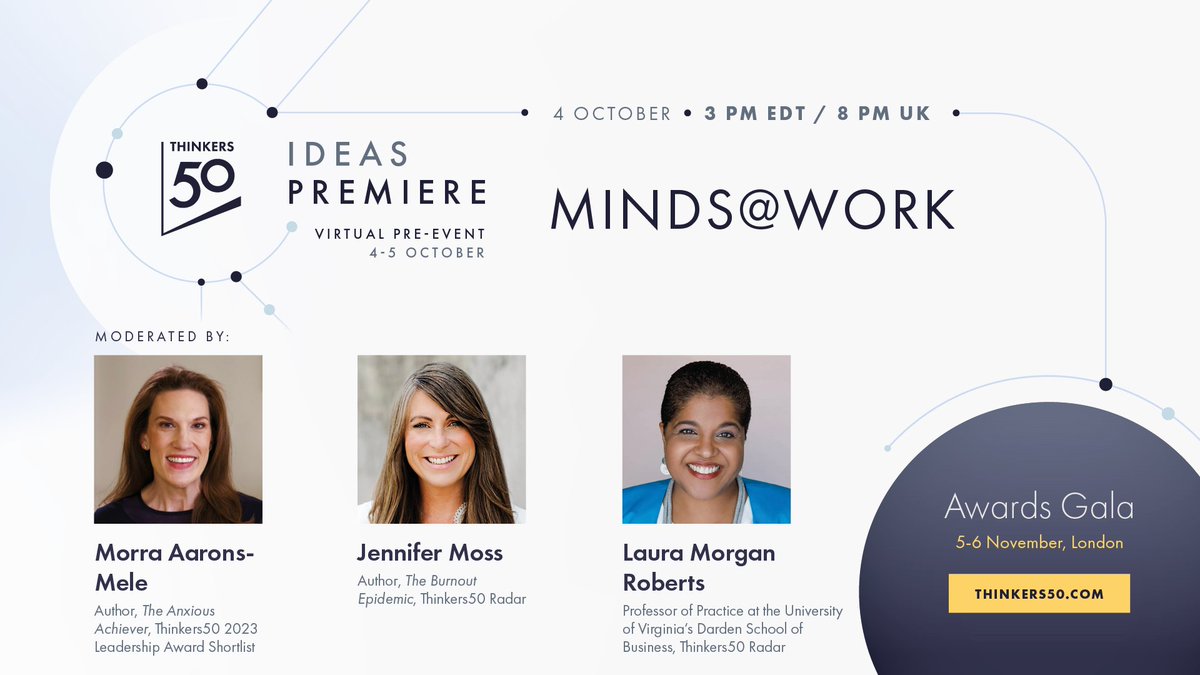 How can organizations create more healthy working environments for our minds as well as our bodies? Tune in on 4 Oct to hear from experts: @jennifermossinc, @morraam, & @alignmentquest. Learn more: thinkers50.com/awards-gala-20…