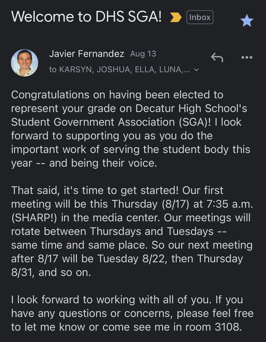 Great start to Junior Year. I was re-elected to Student Government. This is my third year being a member of Student Gov. I look forward to serving the student body again this year. Let’s get to work!