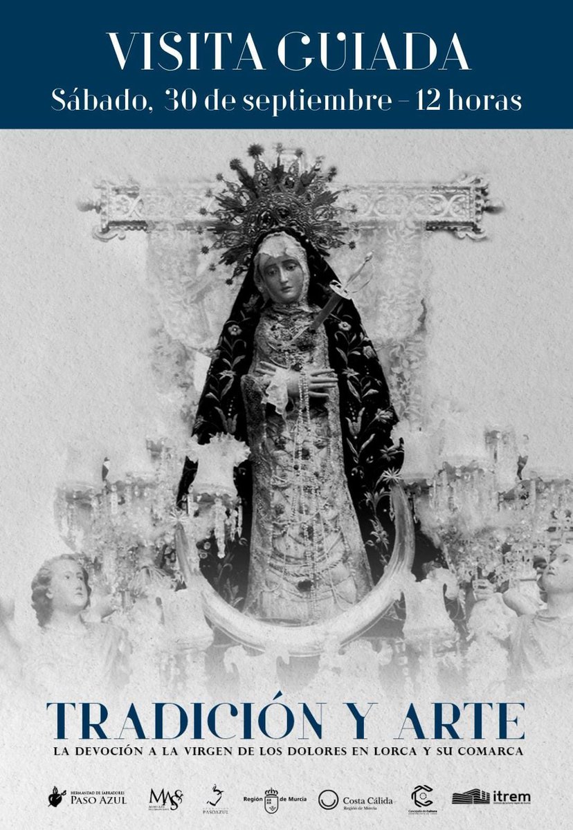 🔵 El próximo sábado, 30 de septiembre, tendrá lugar una VISITA GUIADA GRATUITA donde se darán a conocer todos los detalles de la Exposición temporal 'Tradición y Arte. La devoción a la Virgen de los Dolores en Lorca y su Comarca'.

🗓 30 de septiembre
⌚️ 12:00h

¡Te esperamos!